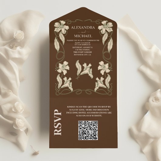 QR Code Elegante Bloemen Art Nouveau op bruiloft All In One Uitnodiging