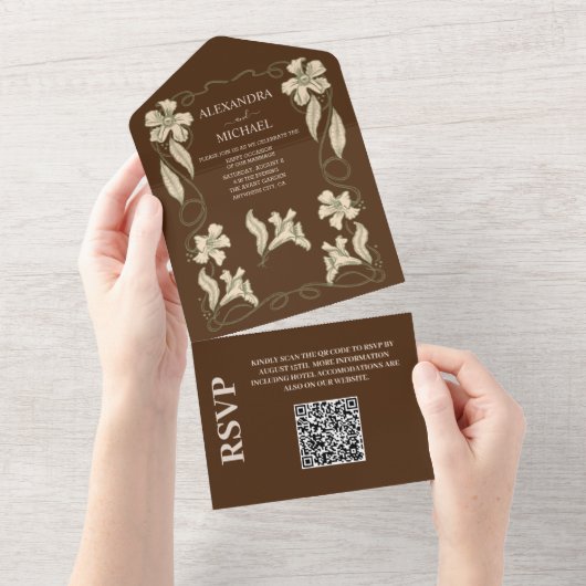 QR Code Elegante Bloemen Art Nouveau op bruiloft All In One Uitnodiging (Afscheurbaar)