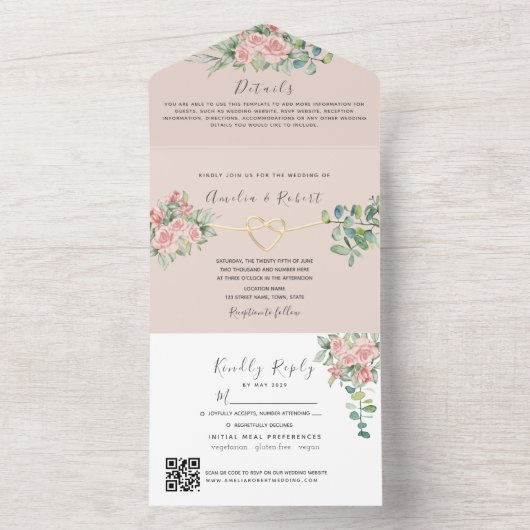 QR Code Elegante Bloemenbruiloft All In One Uitnodiging (Binnen)
