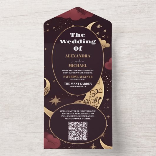 QR Code Elegante Bourgondische Gouden Hemelse Brui All In One Uitnodiging (Binnen)