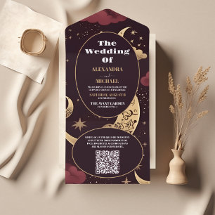 QR Code Elegante Burgundy Goud Hemelbruiloft All In One Uitnodiging