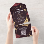 QR Code Elegante Burgundy Goud Hemelbruiloft All In One Uitnodiging (Afscheurbaar)