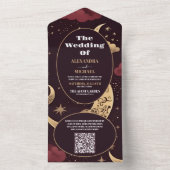 QR Code Elegante Burgundy Goud Hemelbruiloft All In One Uitnodiging (Binnen)