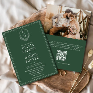 QR-code Elegante Crest Emerald Green Fotobruiloft Kaart