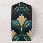 QR Code Elegante Groene en Gouden Art Deco Bruilof All In One Uitnodiging (Buitenkant)