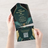 QR Code Elegante Groene en Gouden Art Deco Bruilof All In One Uitnodiging (Afscheurbaar)