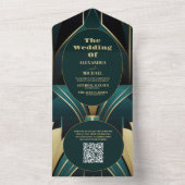 QR Code Elegante Groene en Gouden Art Deco Bruilof All In One Uitnodiging (Binnen)