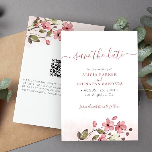 QR code elegante lente wilde bloemen roze bruiloft Save The Date