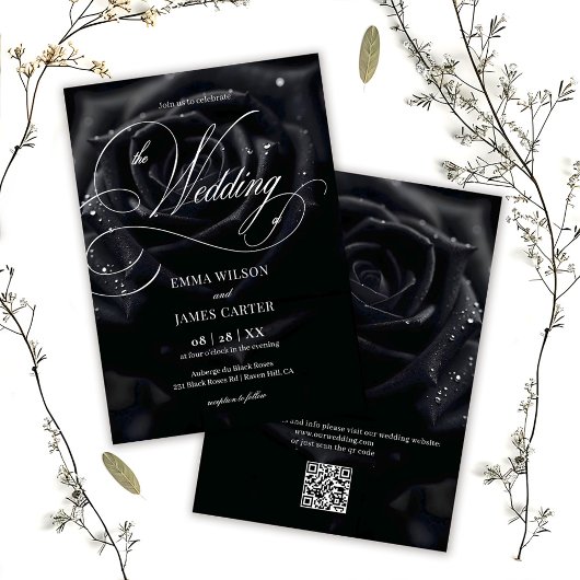 QR Code Elegante Middernacht Roos Calligrafie Brui Kaart