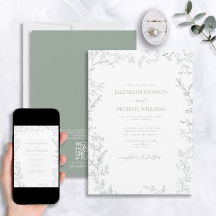 QR-code Elegante Minimale Blad Salie Groene Trouwd Kaart