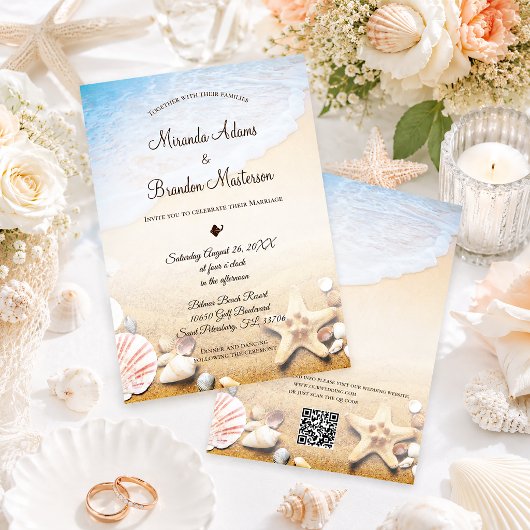 QR-code Elegante Moderne Zeester Strand Bruiloft Kaart