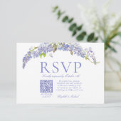 QR Code Elegante Paarse Wisteria Script Formeel RS RSVP Kaartje (Staand voorkant)