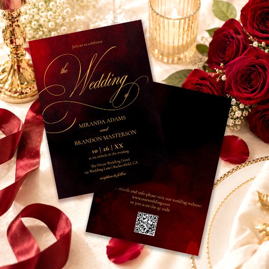QR Code Elegante Rood Zwart Goud Calligrafie Trouw Kaart