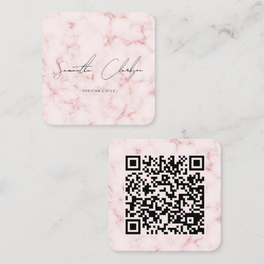 QR-code Elegante Roze Marmer Handgeschreven Script Vierkante Visitekaartje (Voorkant / Achterkant)