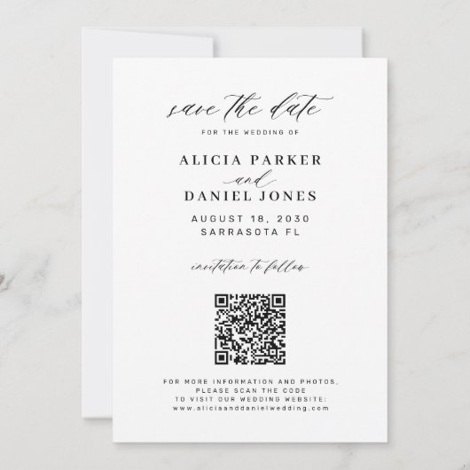 QR-code elegante script foto trouwdatum save the d Date (Achterkant)