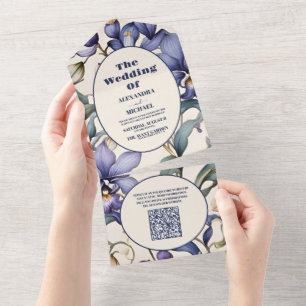 QR Code Elegante Waterverf Blauw Bloemen Bruiloft All In One Uitnodiging