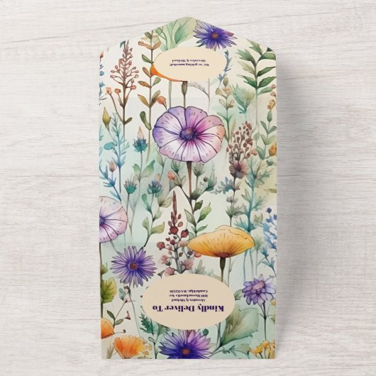 QR Code Elegante Waterverf Wildflower Bruiloft All In One Uitnodiging (Buitenkant)