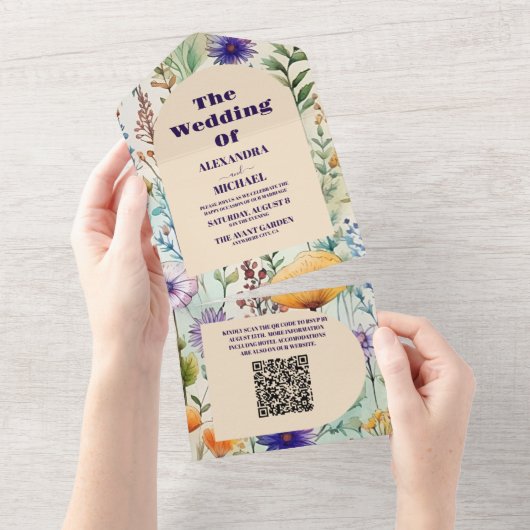 QR Code Elegante Waterverf Wildflower Bruiloft All In One Uitnodiging (Afscheurbaar)