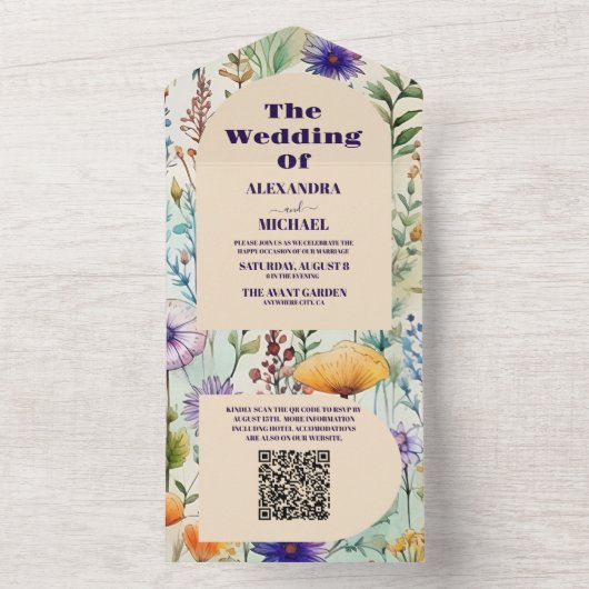 QR Code Elegante Waterverf Wildflower Bruiloft All In One Uitnodiging (Binnen)