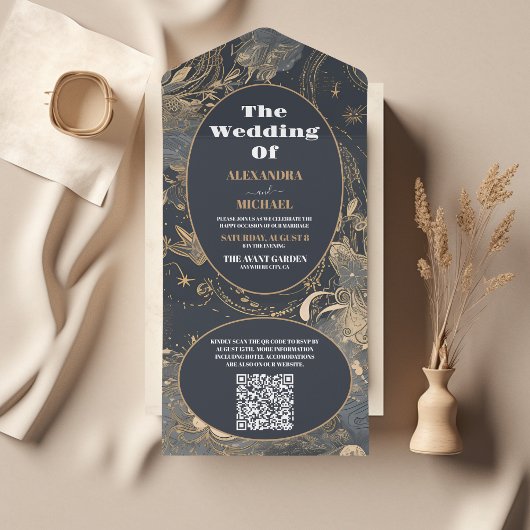 QR Code Elegante Zilver Goud Hemelbruiloft All In One Uitnodiging