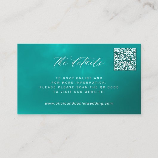 QR CODE elegante zomer bruiloft details blauwgroen Informatiekaartje (Voorkant)