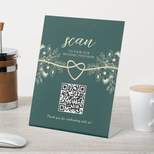 QR Code Emerald Gold Wedding Program Reclamebord Met Voetstuk (Insitu)