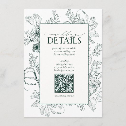 QR Code Emerald Green Floral Wedding Details Informatiekaartje (Voorkant)