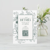 QR Code Emerald Green Floral Wedding Details Informatiekaartje (Staand voorkant)