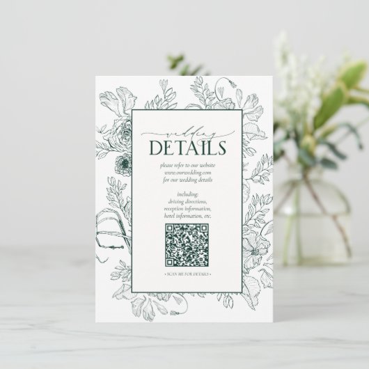 QR Code Emerald Green Floral Wedding Details Informatiekaartje (Staand voorkant)