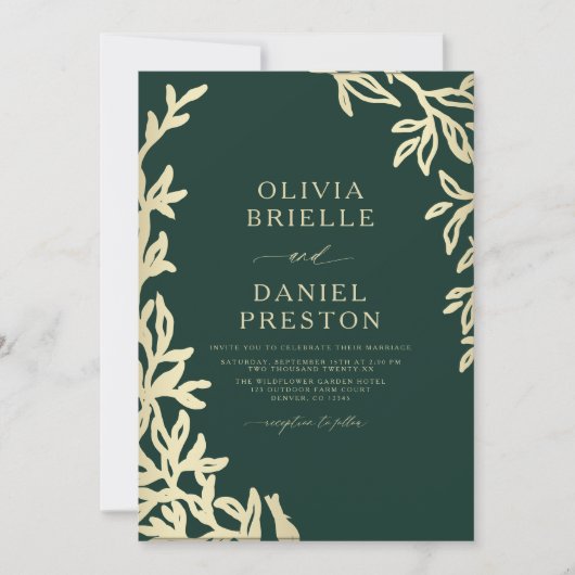 QR-code Emerald Green & Gold Minimal Leaf Wedding Kaart (Voorkant)