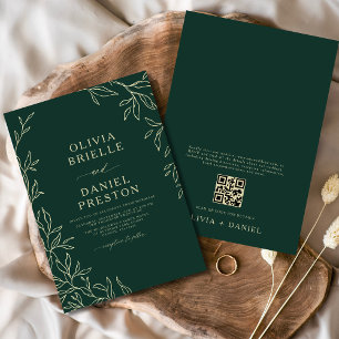 QR-code Emerald Green & Gold Minimal Leaf Wedding Kaart