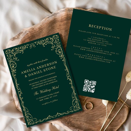 QR Code Emerald Green Gold Minimal Wedding Kaart
