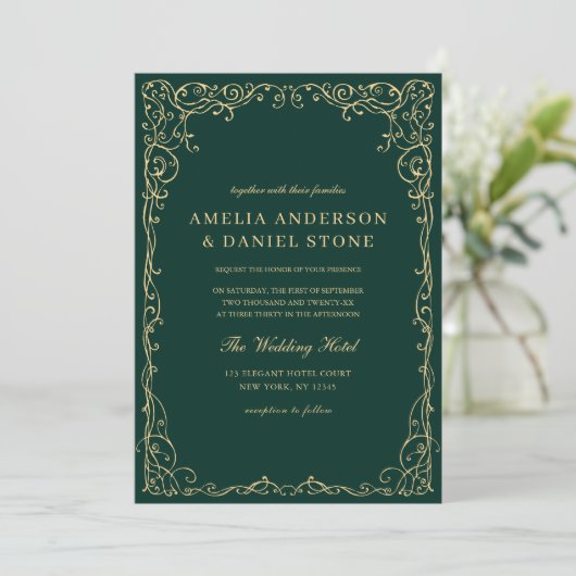 QR Code Emerald Green Gold Minimal Wedding Kaart (Staand voorkant)