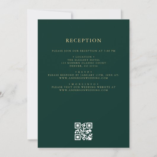 QR Code Emerald Green Gold Minimal Wedding Kaart (Achterkant)
