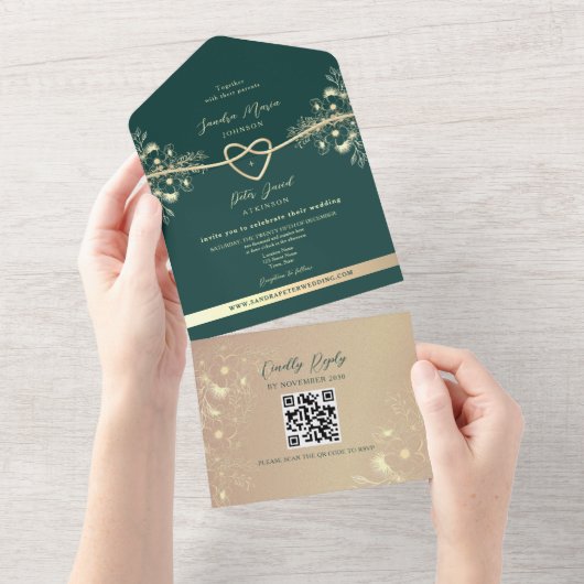 QR Code Emerald Green Gold Wedding All In One Uitnodiging (Afscheurbaar)