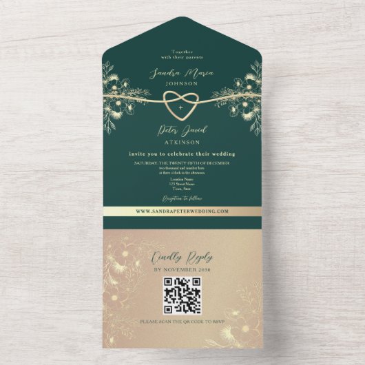 QR Code Emerald Green Gold Wedding All In One Uitnodiging (Binnen)