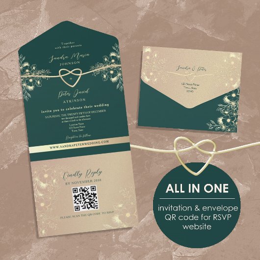 QR Code Emerald Green Gold Wedding All In One Uitnodiging