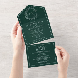 QR Code Emerald Green Leafy Crest Monogram All In One Uitnodiging