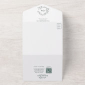 QR Code Emerald Green Leafy Crest Monogram All In One Uitnodiging (Buitenkant)