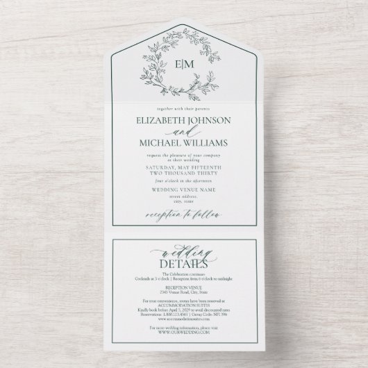 QR Code Emerald Green Leafy Crest Monogram All In One Uitnodiging (Binnen)