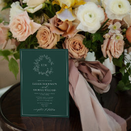 QR Code Emerald Green Leafy Crest Monogram Weddens Kaart