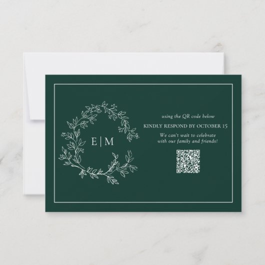 QR Code Emerald Green Leafy Crest Monogram Weddens RSVP Kaartje (Achterkant)