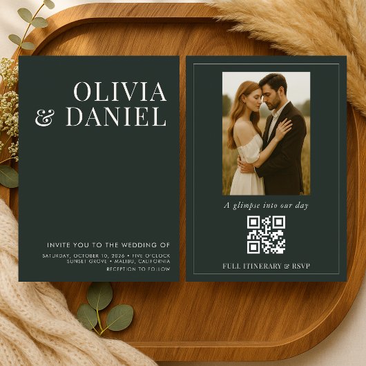 QR Code Emerald Green Minimalist Photo Wedding Kaart