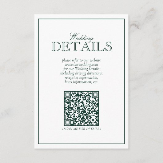 QR Code Emerald Green Monogram Weddenschap Details Informatiekaartje (Achterkant)