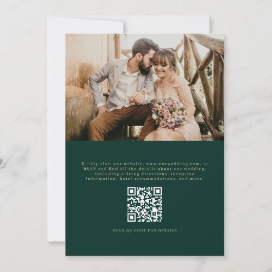 QR Code Emerald Green Photo Minimalist Wedding Kaart (Achterkant)
