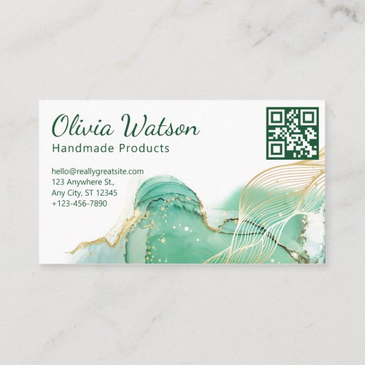 Qr-code Emerald Groen en Goud Moderne Waterverf Visitekaartje (Achterkant)