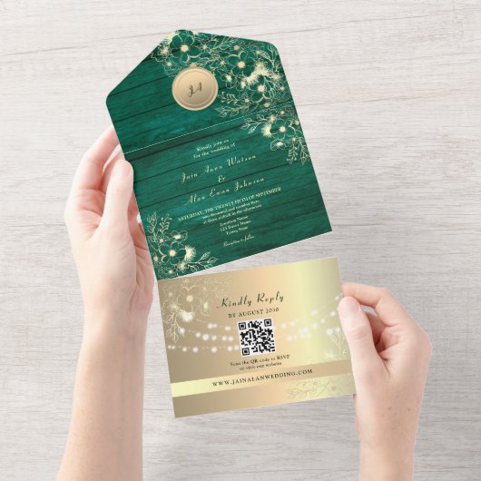 QR Code Emerald Rustic Gold Lights Wedding All In One Uitnodiging (Afscheurbaar)