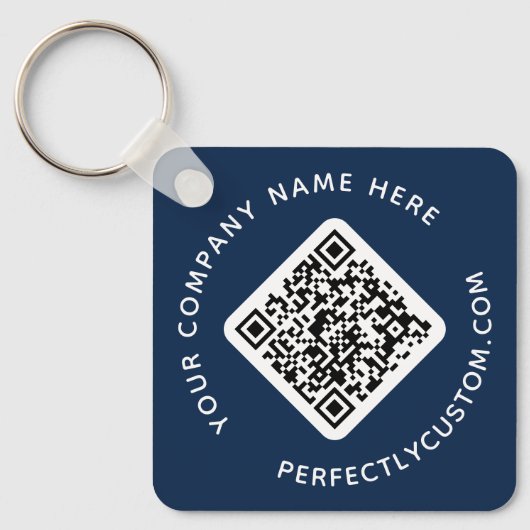 QR-code en aangepaste tekst dubbelzijdig donkerbla Sleutelhanger (Voorkant)