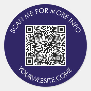 QR-code en aangepaste tekst rond wit & donkerblauw Ronde Sticker
