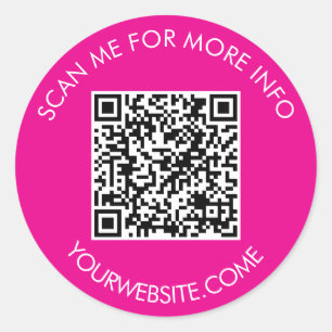 QR-code en aangepaste tekst rond wit & hete roze Ronde Sticker